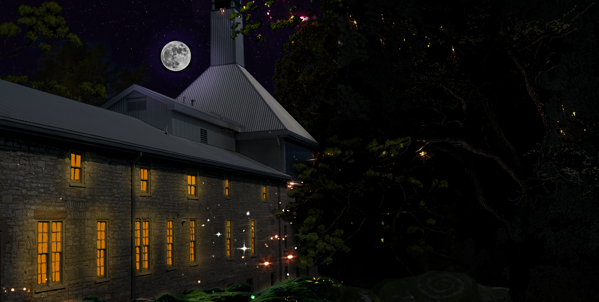 A stone building with glowing windows under a starry night sky and full moon. Fireflies illuminate the surrounding dark trees and bushes.