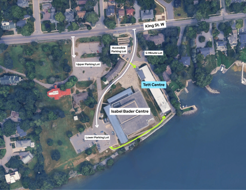 Aerial view of Isabel Bader and Tett Centres near the waterfront. Labels indicate upper and lower parking lots, accessible parking, 5-minute parking and King St W.