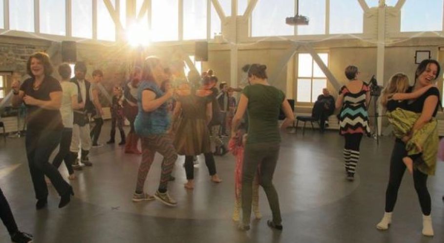 The Dawn Shaker Dance Party kicks off at 6:30 a.m., bringing sunshine and groovy tunes for the families in attendance at the Family Day celebrations at the Tett Centre for Creativity and Learning on Monday. (Rachel Levy-McLaughlin/For The Whig-Standard)