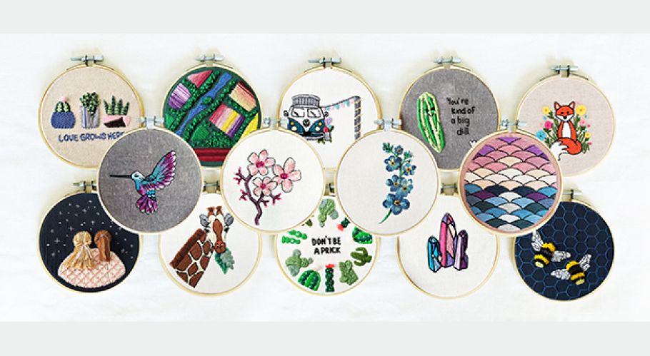 Artist Rebecca MacDonald's embroidery hoop display patterns