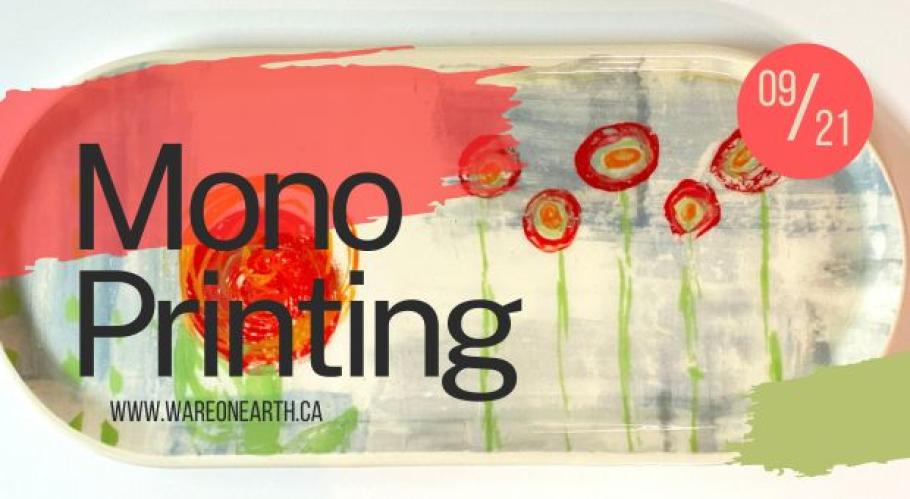 A monoprinted platter with red and green images of flowers. Text reads, "Mono Printing. 09/21. www.wareonearth.ca"