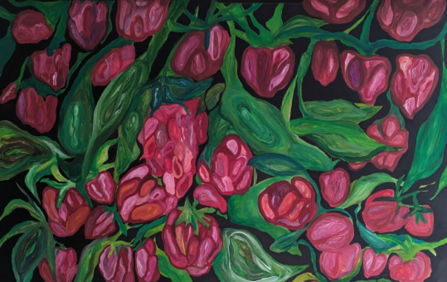 A painting of a plant with vibrant pink-red fruits and green vines.