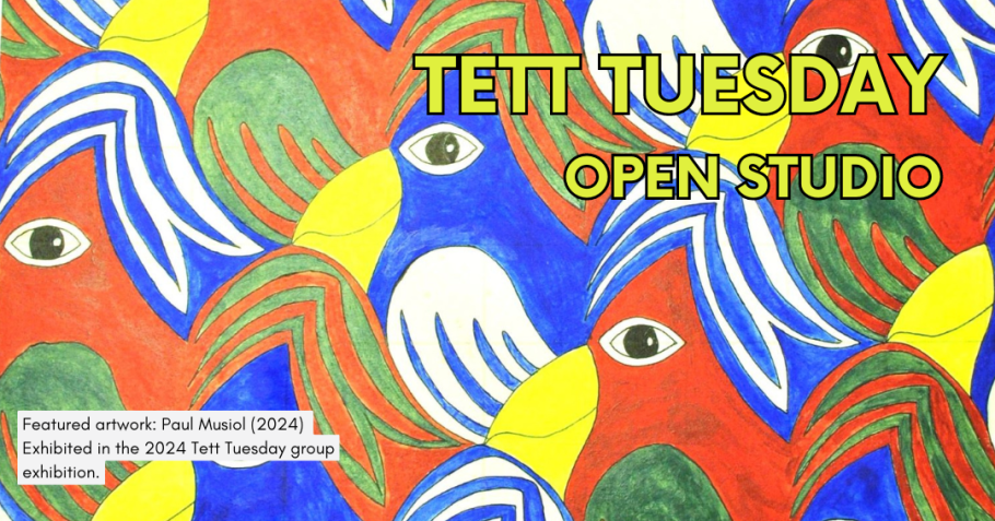 A repeating pattern of colourful, illustrated birds. Text reads, "Tett Tuesday Open Studio. Featured Artwork: Paul Musiol (2024). Featured in the 2024 Tett Tuesday group exhibition."