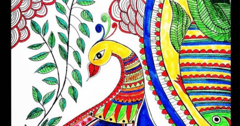 Brightly coloured Madhubani painting with the image of a bird and a fish.