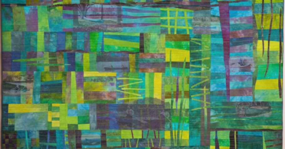 Fabric pattern of crisscrossed blues and greens with photos of people in a canoe overlaid.