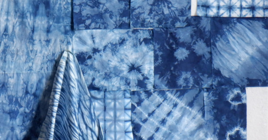 Pieces of cloth with a variety of Indigo printes.