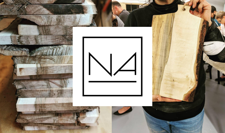 A stack of charcuterie boards on the left; a person holding a charcuterie board for the camera on the right, with Nick Allinson's logo overlaid.