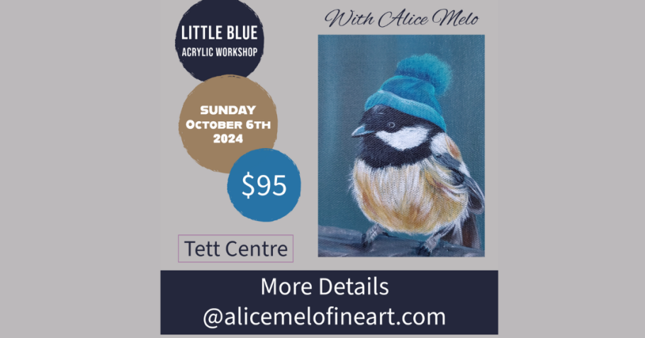 Painting of a chickadee with a blue toque.