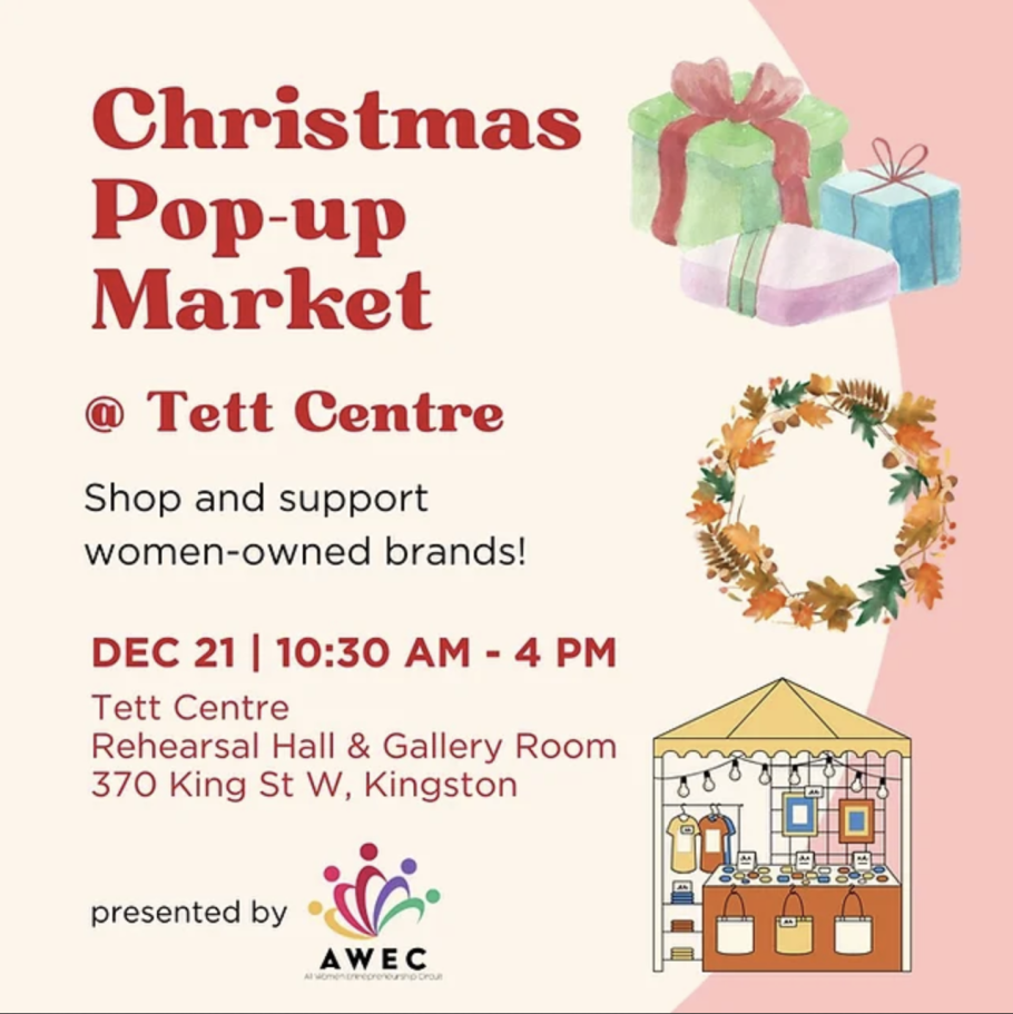 Text reads, "Christmas Pop-up Market @ Tett Centre" with holiday images and AWEC logo.