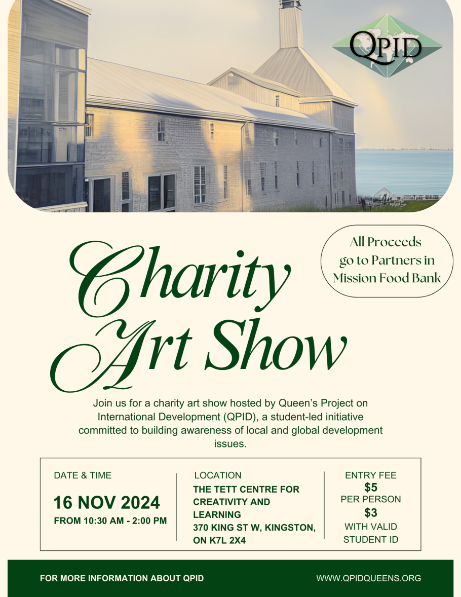 Image of the Tett Centre with the QPID logo. Text reads, "Charity Art Show"