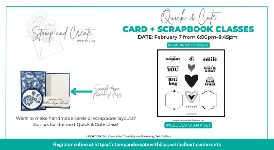 Text reads, "Quick & Cute Card and Scrapbooking Class" with images of a stamp set.