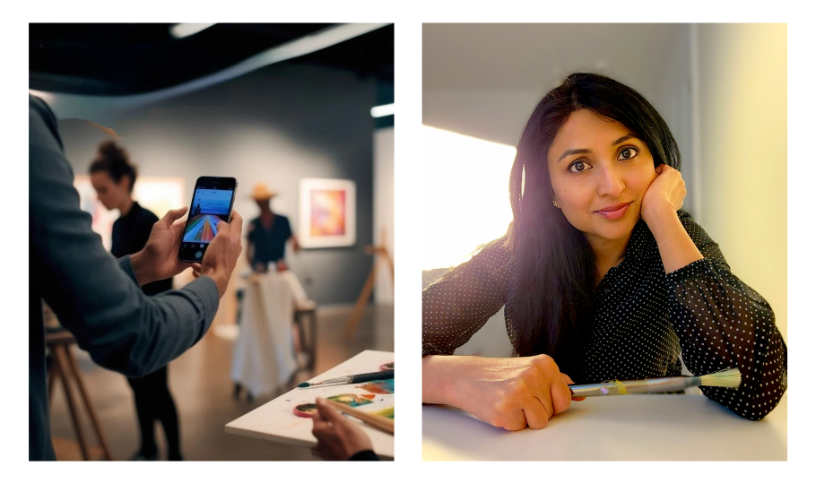 On the left: An arm extended holding their phone in an art gallery. On the right: portrait of Sumera Khan.