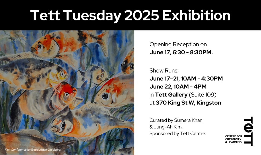 Graphic featuring artwork of fish, entitled Fish Conference by Beth Logan Goldberg