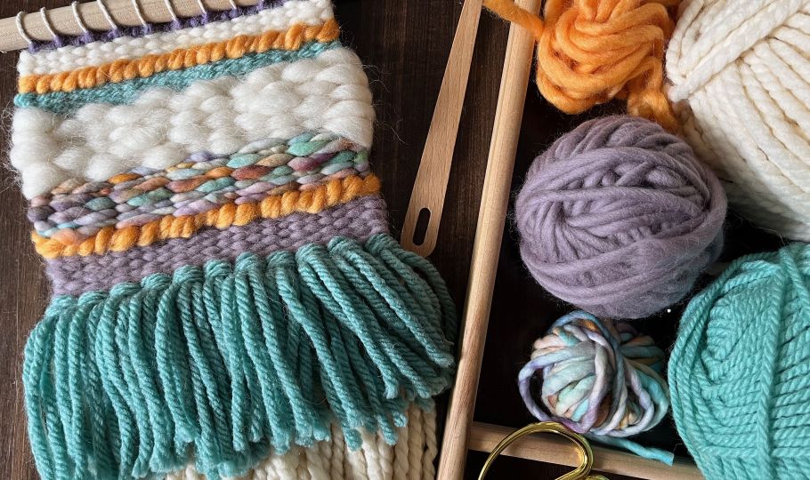 Balls of yarn and weaved fabric
