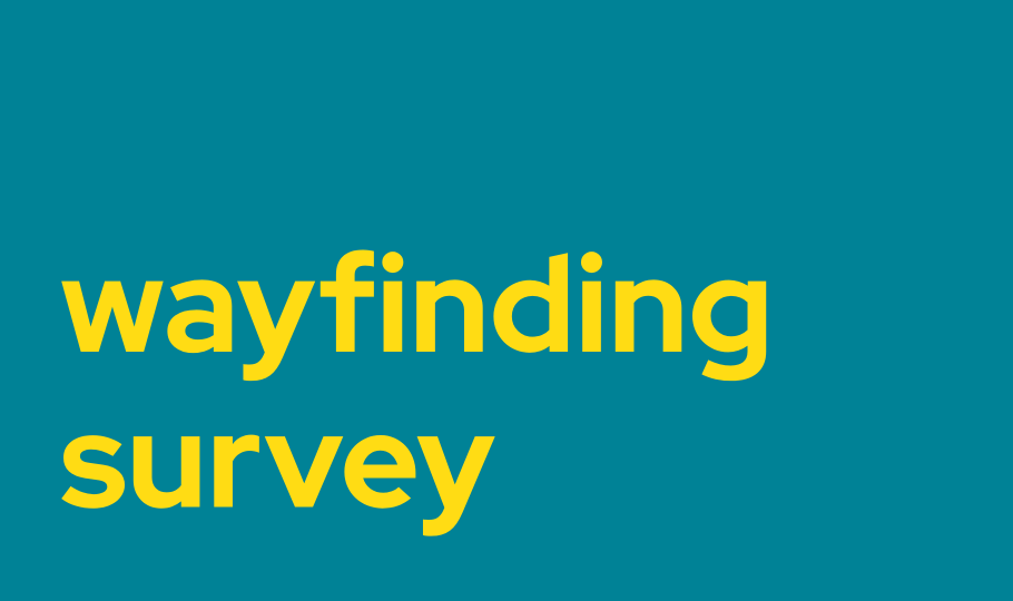 Blue background with bold yellow text reading "wayfinding survey." In the top right, a white logo reads "Centre for Creativity & Learning" with "Tett" vertically.