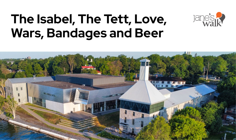 Aerial view of a modern building complex with a mix of stone and metal structures, surrounded by greenery. The text above reads "The Isabel, The Tett, Love, Wars, Bandages and Beer" with "Jane's Walk" logo in the top right corner.