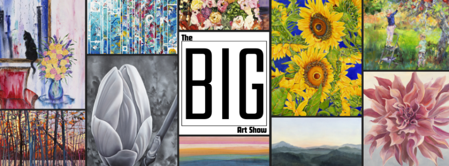 A collage of colourful art pieces surrounds the central text "The Big Art Show." The artwork includes flowers, landscapes, and abstract designs.