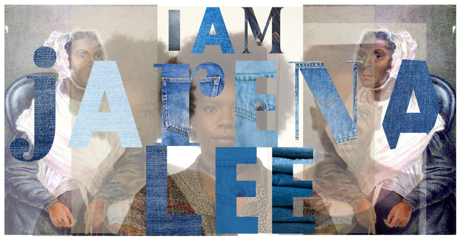 A collage featuring overlapping text "I AM JARENA LEE" in various blue shades and textures over vintage portraits of a woman in a bonnet, creating a layered, historical feel.