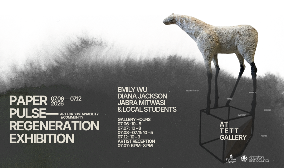 Promotional poster for 'Paper Pulse Regeneration Exhibition' at Tett Gallery, featuring a textured sculpture of a horse on a dark background. Includes details on dates, gallery hours, and featured artists: Emily Wu, Diana Jackson, Jabra Mitwasi, and local students.