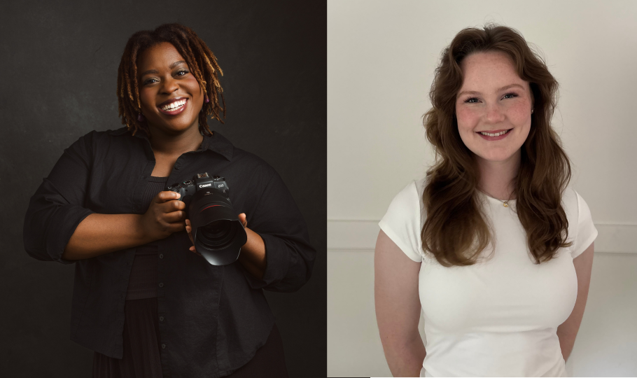 On the left: Shanique Peart, dressed in black and smiling, holds a camera against a dark background. Her expression conveys joy and confidence. On the right: Skylar Flann smiling. She has long, wavy hair and is wearing a white t-shirt stands against a plain, light-coloured wall. The mood of the photo is warm and friendly.
