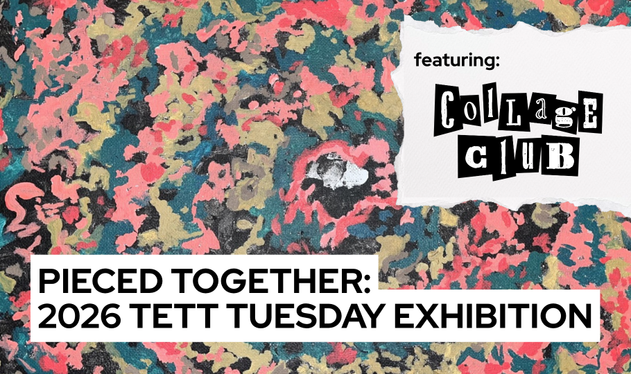 Graphic for Pieced Together: 2026 Tett Tuesday Exhibition. Background is an abstract painting with swirling patterns in vivid pink, green, and beige. This artwork is by Tristan Rogers.