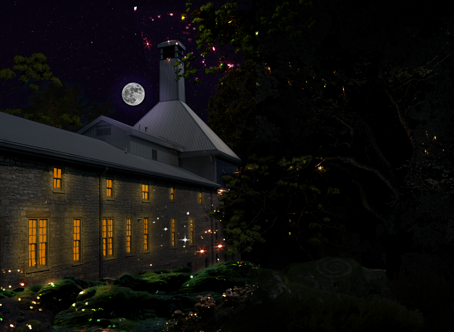 A stone building with glowing windows under a starry night sky and full moon. Fireflies illuminate the surrounding dark trees and bushes.