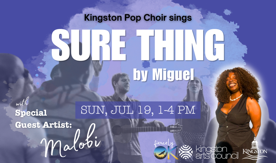 Banner for July's edition of Kingston Pop Choir, featuring photos of the organizers and featured artist.