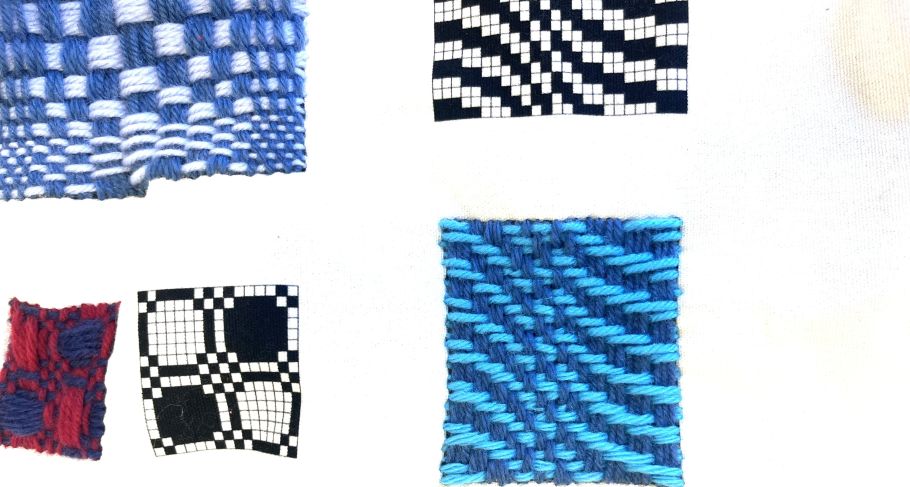 Photo of the mending with pixels sampler where participants will stitch different woven patterns to create decorative patches.
