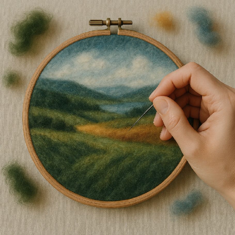 Wool needle felting a landscape