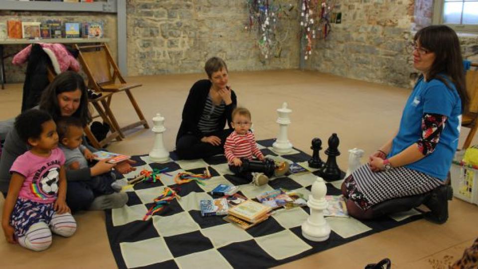 Librarian Emma Alls leads KFPL programming for children in the Tett&#039;s rehearsal room.