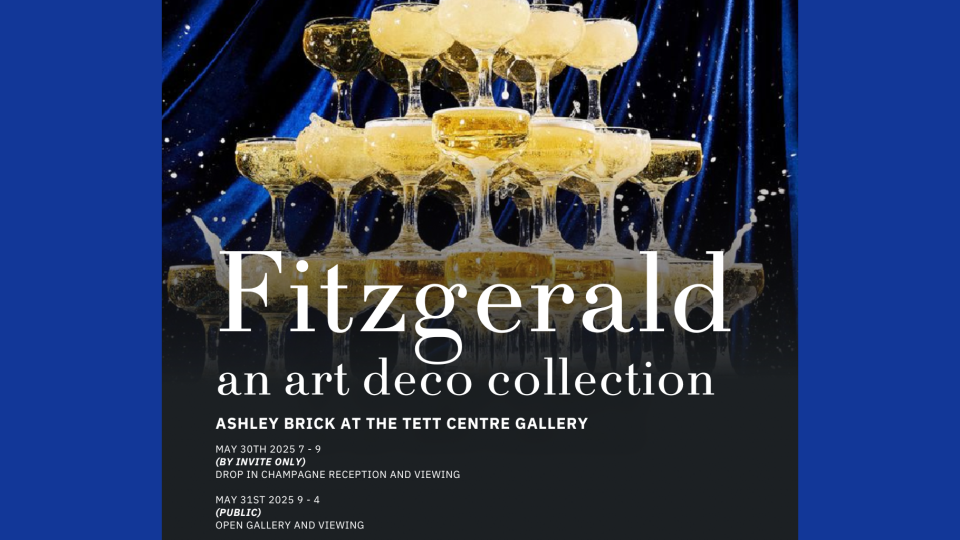 Event poster with champagne glasses and a blue curtain in the backdrop.