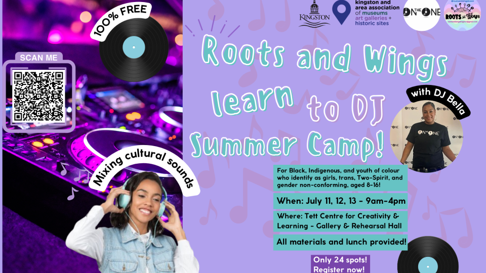 Purple graphic with DJ set up and photo of DJ Bella
