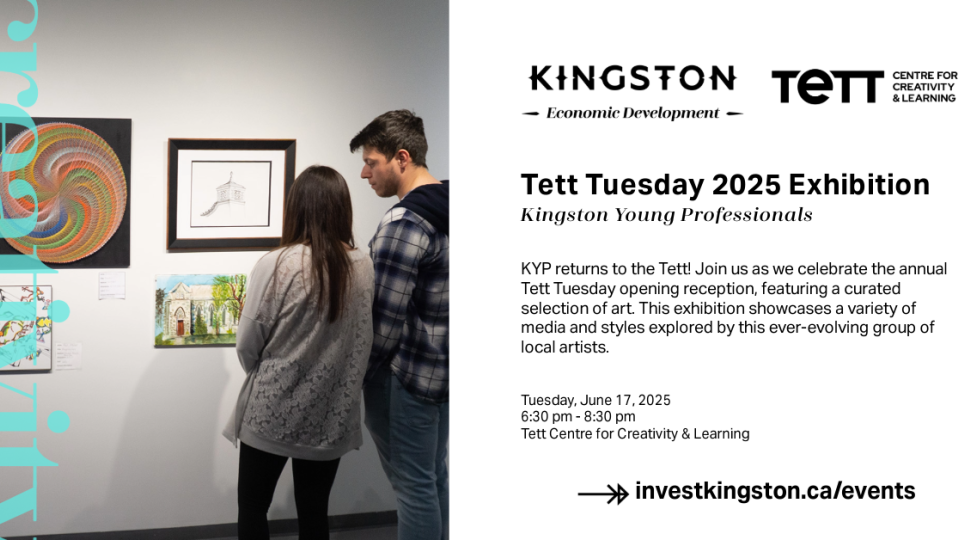 Two people looking at art from the Tett Tuesday 2024 Exhibition