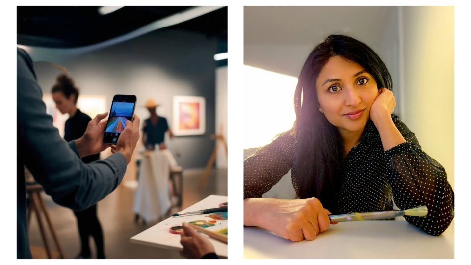 On the left: An arm extended holding their phone in an art gallery. On the right: portrait of Sumera Khan.