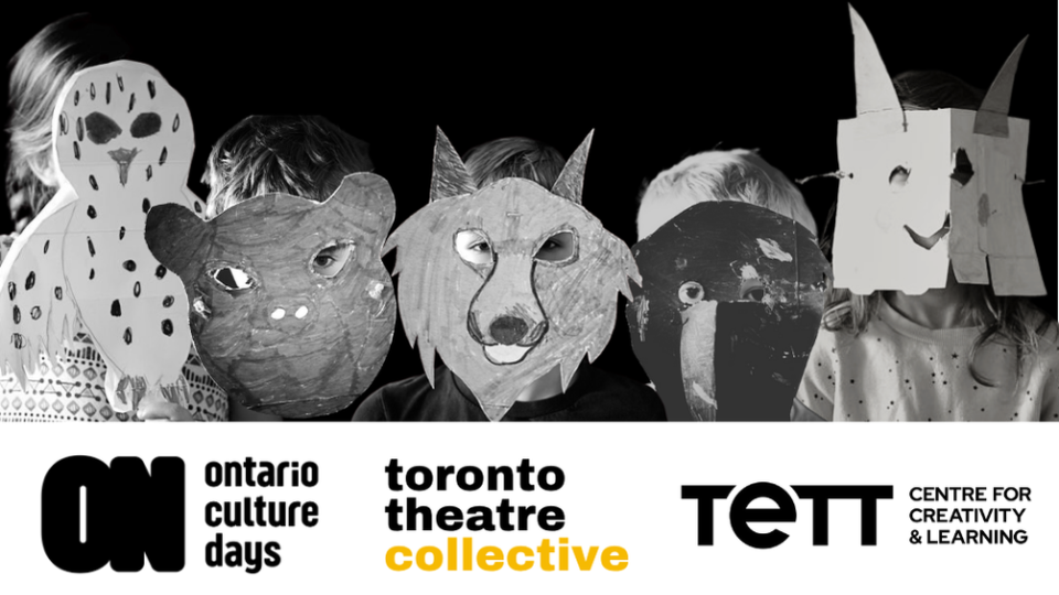 Children wearing handmade craft animal masks.