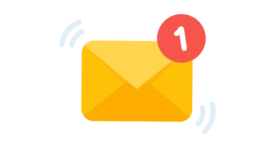 An envelope icon with a red notification badge showing the number one. Blue motion lines suggest movement, indicating a new message arrival.