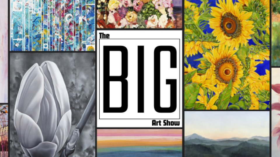 A collage of colourful art pieces surrounds the central text "The Big Art Show." The artwork includes flowers, landscapes, and abstract designs.