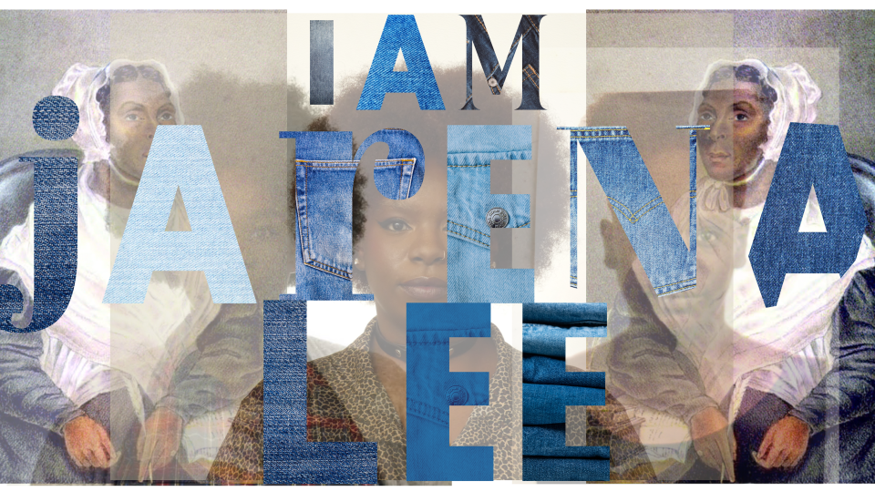 A collage featuring overlapping text "I AM JARENA LEE" in various blue shades and textures over vintage portraits of a woman in a bonnet, creating a layered, historical feel.