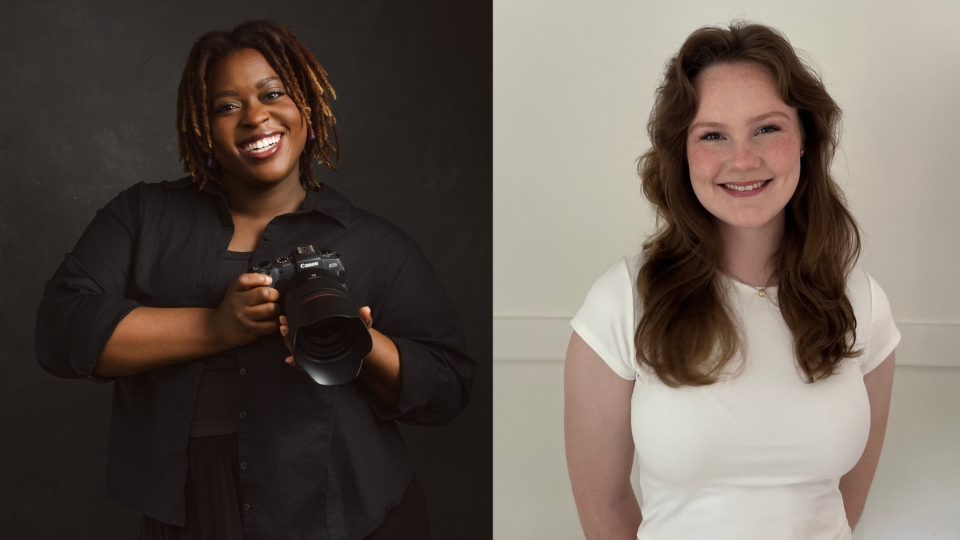 On the left: Shanique Peart, dressed in black and smiling, holds a camera against a dark background. Her expression conveys joy and confidence. On the right: Skylar Flann smiling. She has long, wavy hair and is wearing a white t-shirt stands against a plain, light-coloured wall. The mood of the photo is warm and friendly.