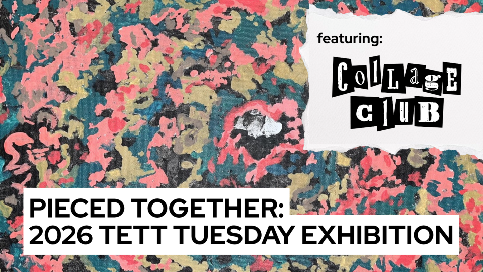Graphic for Pieced Together: 2026 Tett Tuesday Exhibition. Background is an abstract painting with swirling patterns in vivid pink, green, and beige. This artwork is by Tristan Rogers.