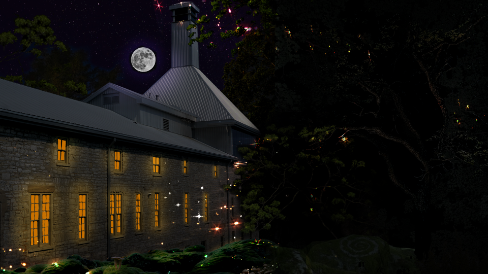 A stone building with glowing windows under a starry night sky and full moon. Fireflies illuminate the surrounding dark trees and bushes.