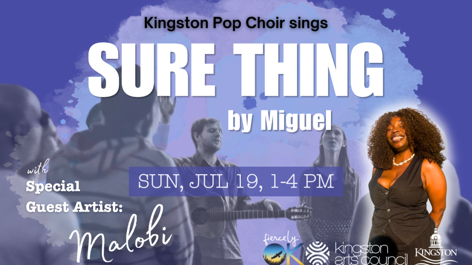 Banner for July's edition of Kingston Pop Choir, featuring photos of the organizers and featured artist.
