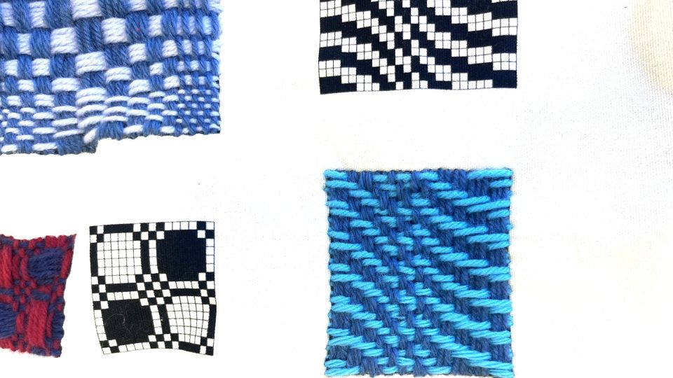 Photo of the mending with pixels sampler where participants will stitch different woven patterns to create decorative patches.