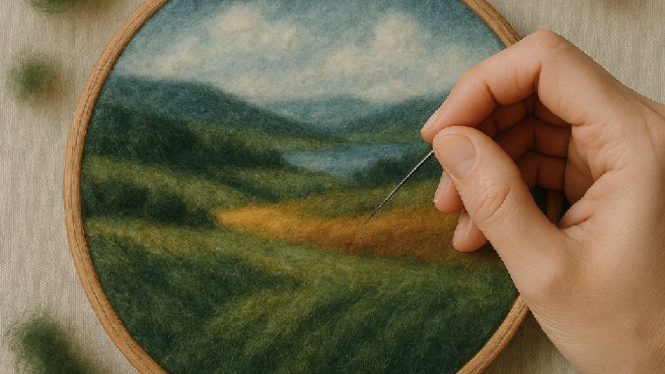Wool needle felting a landscape