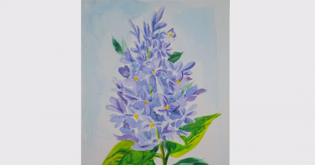 Watercolour painting of purple lilacs and green leaves.