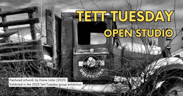 Image by Diane Lister of a black and white tractor from the 2023 Tett Tuesday exhibition. Text reads "Tett Tuesday Open Studio"