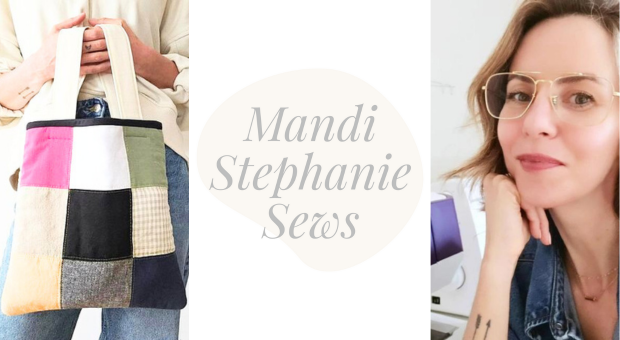 An image of a quilted tote on the left and the face of a feminine presenting person with light skin on the right, with text that reads "Mandi Stephanie Sews" in the centre.