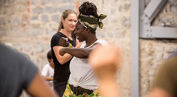 Abena Beloved Green teaches an Afrisa dance workshop in the Rehearsal Hall