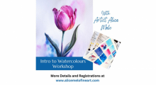 A watercolour picture of a tulip. Inset image shows handouts with instructions and watercolour technique samples. Text reads "Introduction to Watercolour