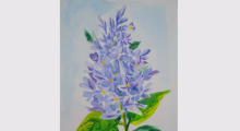 Watercolour painting of purple lilacs and green leaves.